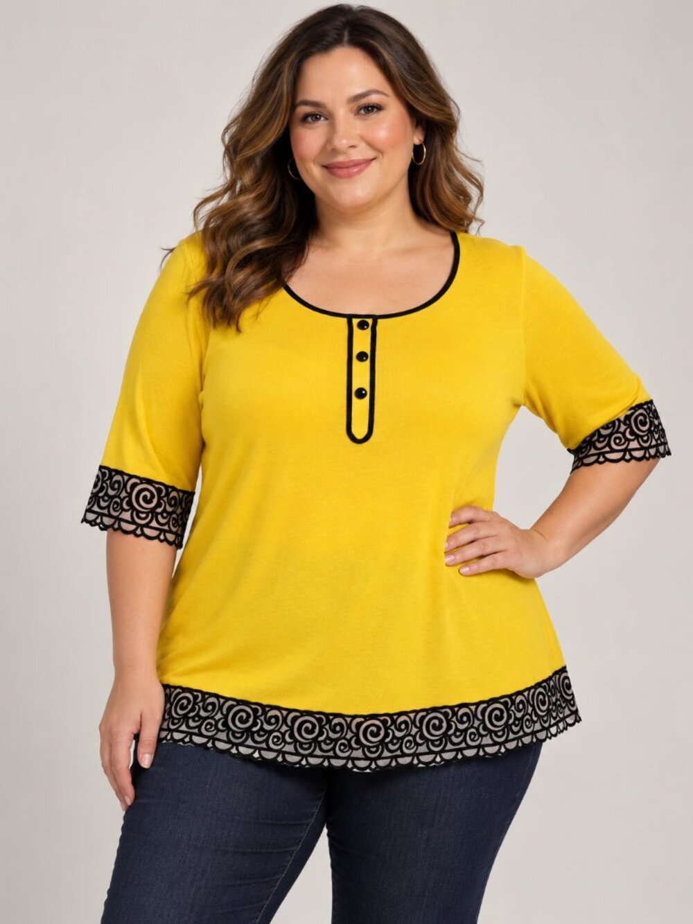 Bob Mackie Wearable Art 1X Yellow Black Embroidered Trim 3/4 Sleeve Knit Top